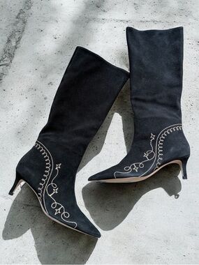 Cinq A Sept Black Suede Embroidered Knee-High Casey Boots Kitten Heel